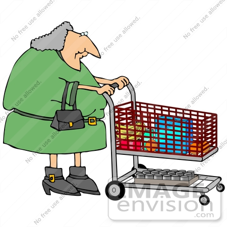 #21028 Gray Haired Woman Pushing a Shopping Cart in a Grocery Store People Clipart by DJArt