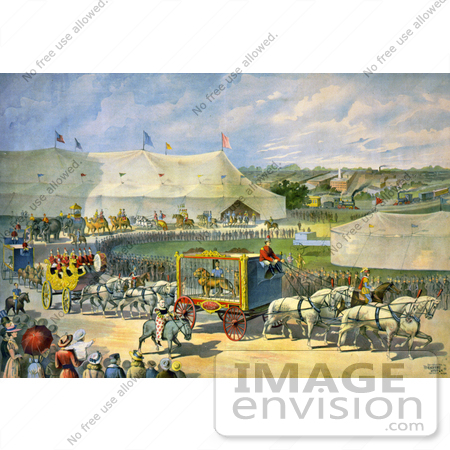 #21116 Stock Photography of a Circus Parade With a Caged Lion, Passing Near Big Top Tents by JVPD