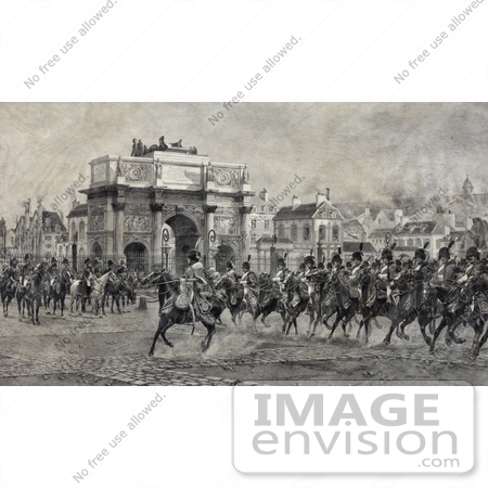 #21320 Stock Photography of Napoleon I on Horseback With Cavalry Troops by the Arc de Triompe du Carrousel by JVPD