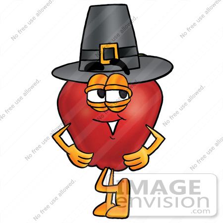 #22301 Clip art Graphic of a Red Apple Cartoon Character Wearing a Pilgrim Hat on Thanksgiving by toons4biz