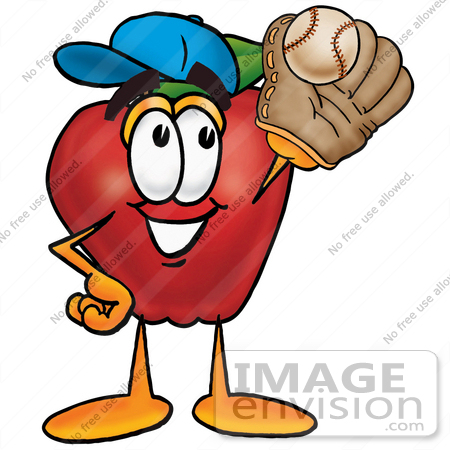 #22303 Clip art Graphic of a Red Apple Cartoon Character Catching a Baseball With a Glove by toons4biz