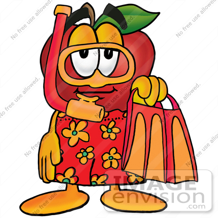 #22309 Clip art Graphic of a Red Apple Cartoon Character in Orange and Red Snorkel Gear by toons4biz