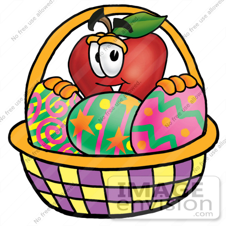 #22311 Clip art Graphic of a Red Apple Cartoon Character in an Easter Basket Full of Decorated Easter Eggs by toons4biz