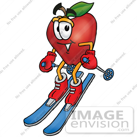 #22316 Clip art Graphic of a Red Apple Cartoon Character Skiing Downhill by toons4biz
