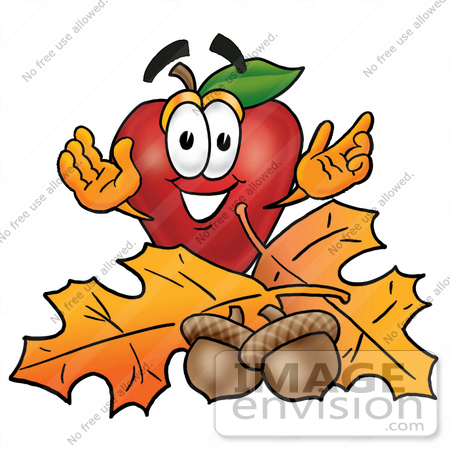 Clip art Graphic of a Red Apple Cartoon Character With Autumn Leaves