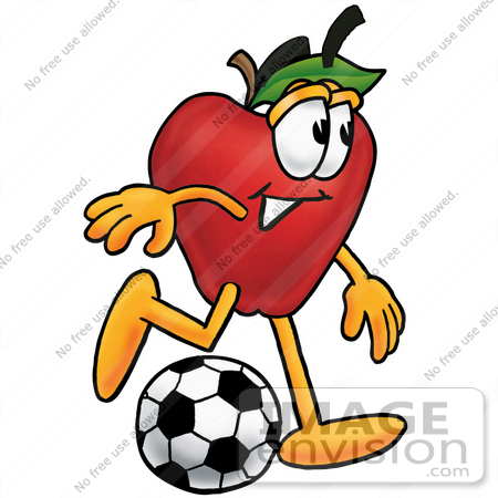 #22318 Clip art Graphic of a Red Apple Cartoon Character Kicking a Soccer Ball by toons4biz