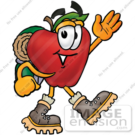 #22320 Clip art Graphic of a Red Apple Cartoon Character Hiking and Carrying a Backpack by toons4biz