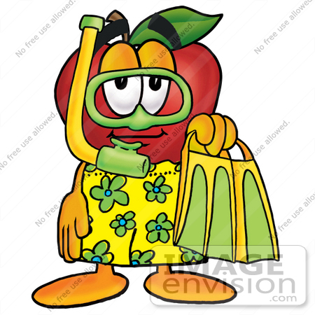 #22329 Clip art Graphic of a Red Apple Cartoon Character in Green and Yellow Snorkel Gear by toons4biz