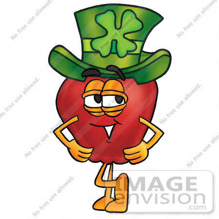 #22330 Clip art Graphic of a Red Apple Cartoon Character Wearing a Saint Patricks Day Hat With a Clover on it by toons4biz