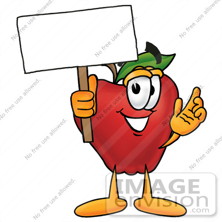 #22338 Clip art Graphic of a Red Apple Cartoon Character Holding a Blank Sign by toons4biz
