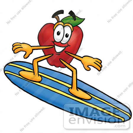 #22341 Clip art Graphic of a Red Apple Cartoon Character Surfing on a Blue and Yellow Surfboard by toons4biz