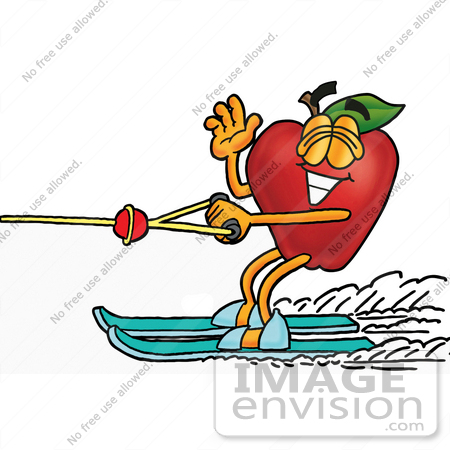 #22344 Clip art Graphic of a Red Apple Cartoon Character Waving While Water Skiing by toons4biz