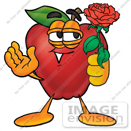 #22350 Clip art Graphic of a Red Apple Cartoon Character Holding a Red Rose on Valentines Day by toons4biz