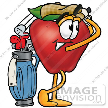 #22351 Clip art Graphic of a Red Apple Cartoon Character Swinging His Golf Club While Golfing by toons4biz