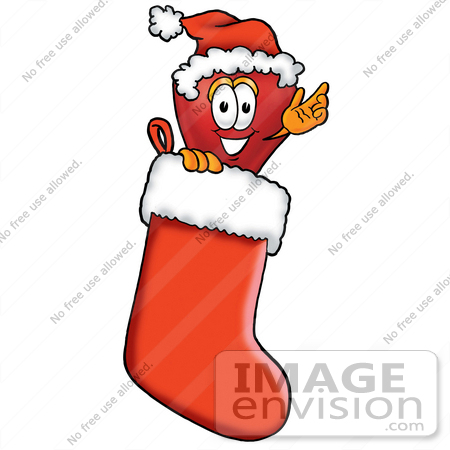 #22355 Clip art Graphic of a Red Apple Cartoon Character Wearing a Santa Hat Inside a Red Christmas Stocking by toons4biz