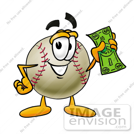 #22359 Clip art Graphic of a Baseball Cartoon Character Holding a Dollar Bill by toons4biz
