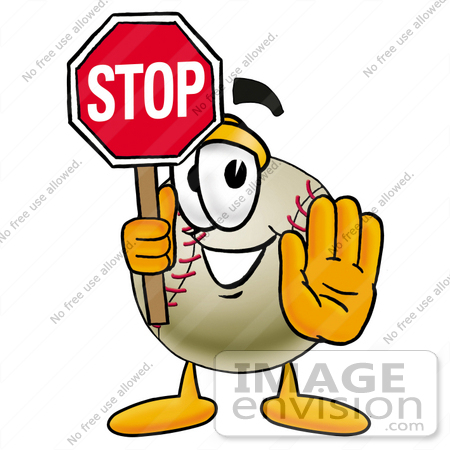 #22366 Clip art Graphic of a Baseball Cartoon Character Holding a Stop Sign by toons4biz