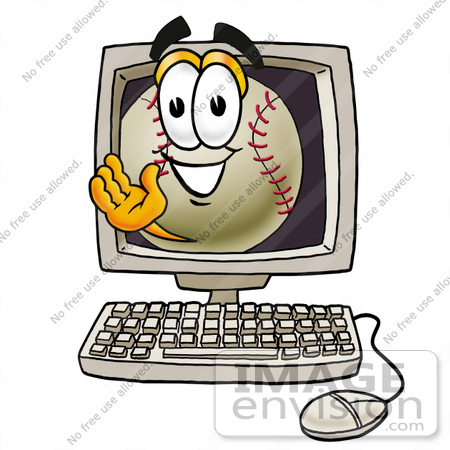 #22368 Clip art Graphic of a Baseball Cartoon Character Waving From Inside a Computer Screen by toons4biz