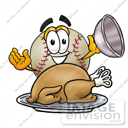 #22376 Clip art Graphic of a Baseball Cartoon Character Serving a Thanksgiving Turkey on a Platter by toons4biz