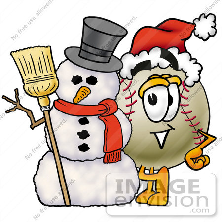 #22377 Clip art Graphic of a Baseball Cartoon Character With a Snowman on Christmas by toons4biz