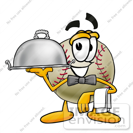 #22379 Clip art Graphic of a Baseball Cartoon Character Dressed as a Waiter and Holding a Serving Platter by toons4biz