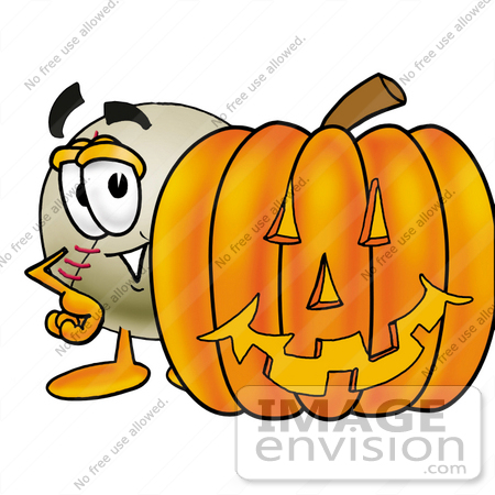 #22383 Clip art Graphic of a Baseball Cartoon Character With a Carved Halloween Pumpkin by toons4biz