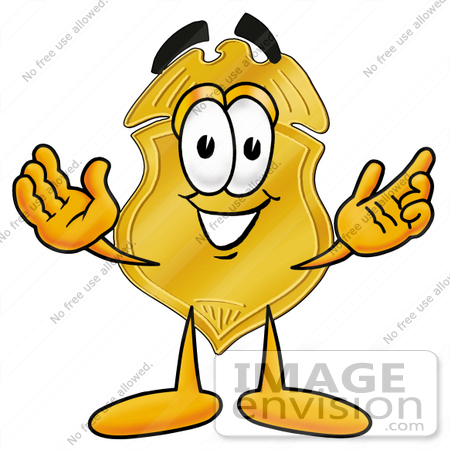 #22389 Clip art Graphic of a Gold Law Enforcement Police Badge Cartoon Character With Welcoming Open Arms by toons4biz