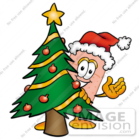 #22404 Clip art Graphic of a Bandaid Bandage Cartoon Character Waving and Standing by a Decorated Christmas Tree by toons4biz