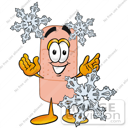 #22405 Clip art Graphic of a Bandaid Bandage Cartoon Character With Three Snowflakes in Winter by toons4biz