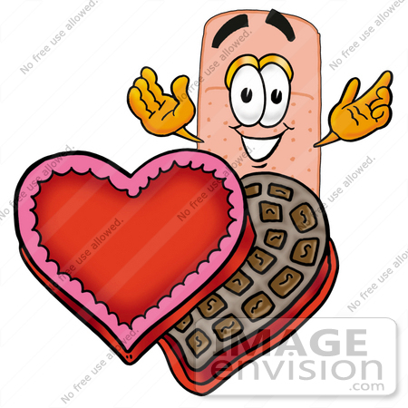 #22407 Clip art Graphic of a Bandaid Bandage Cartoon Character With an Open Box of Valentines Day Chocolate Candies by toons4biz