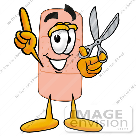 #22416 Clip art Graphic of a Bandaid Bandage Cartoon Character Holding a Pair of Scissors by toons4biz