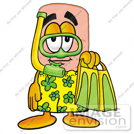 #22417 Clip art Graphic of a Bandaid Bandage Cartoon Character in Green and Yellow Snorkel Gear by toons4biz