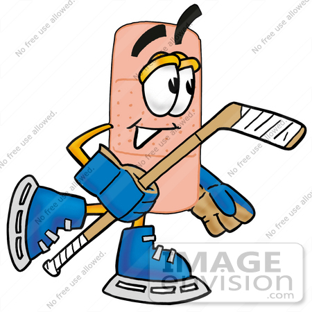 #22423 Clip art Graphic of a Bandaid Bandage Cartoon Character Playing Ice Hockey by toons4biz