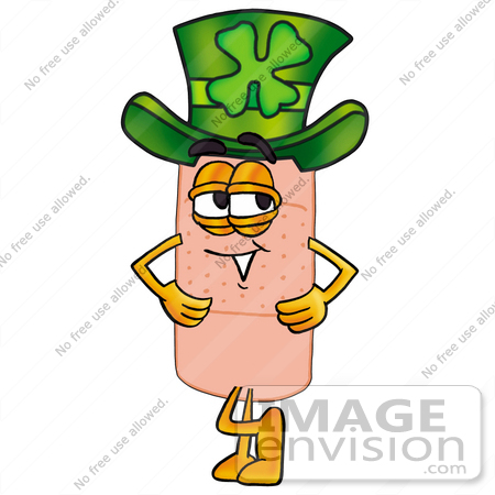 #22427 Clip art Graphic of a Bandaid Bandage Cartoon Character Wearing a Saint Patricks Day Hat With a Clover on it by toons4biz