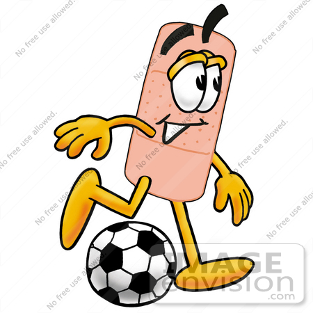 #22429 Clip art Graphic of a Bandaid Bandage Cartoon Character Kicking a Soccer Ball by toons4biz