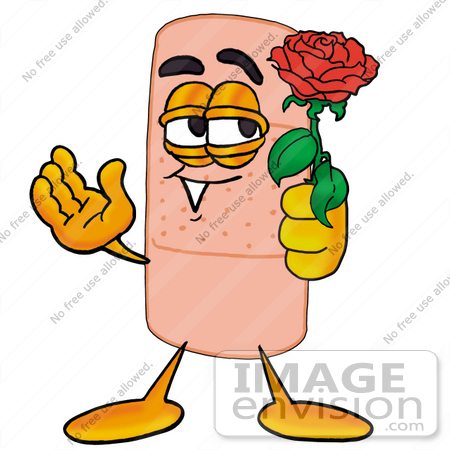 #22430 Clip art Graphic of a Bandaid Bandage Cartoon Character Holding a Red Rose on Valentines Day by toons4biz