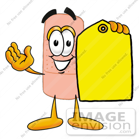 #22431 Clip art Graphic of a Bandaid Bandage Cartoon Character Holding a Yellow Sales Price Tag by toons4biz