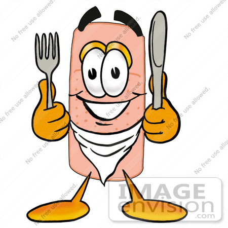 #22438 Clip art Graphic of a Bandaid Bandage Cartoon Character Holding a Knife and Fork by toons4biz