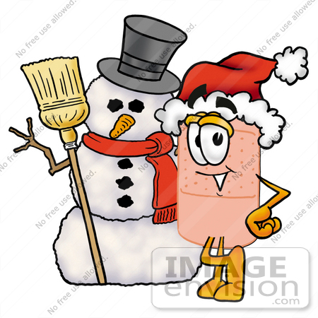 #22443 Clip art Graphic of a Bandaid Bandage Cartoon Character With a Snowman on Christmas by toons4biz