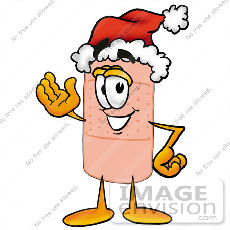 #22444 Clip art Graphic of a Bandaid Bandage Cartoon Character Wearing a Santa Hat and Waving by toons4biz