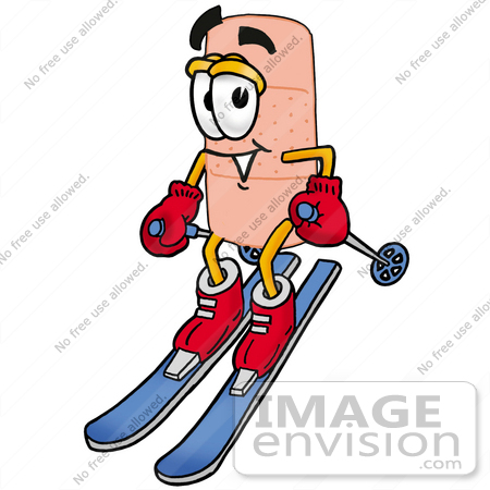 #22447 Clip art Graphic of a Bandaid Bandage Cartoon Character Skiing Downhill by toons4biz