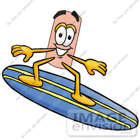 #22452 Clip art Graphic of a Bandaid Bandage Cartoon Character Surfing on a Blue and Yellow Surfboard by toons4biz