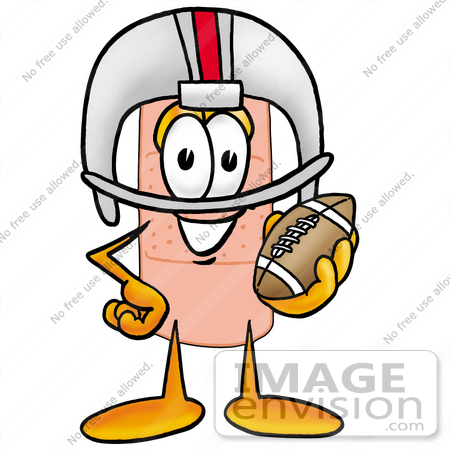#22453 Clip art Graphic of a Bandaid Bandage Cartoon Character in a Helmet, Holding a Football by toons4biz