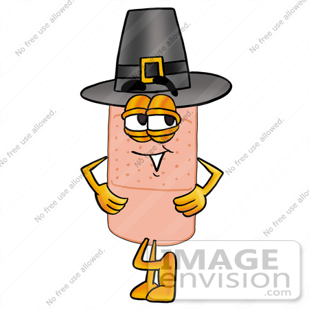 #22464 Clip art Graphic of a Bandaid Bandage Cartoon Character Wearing a Pilgrim Hat on Thanksgiving by toons4biz