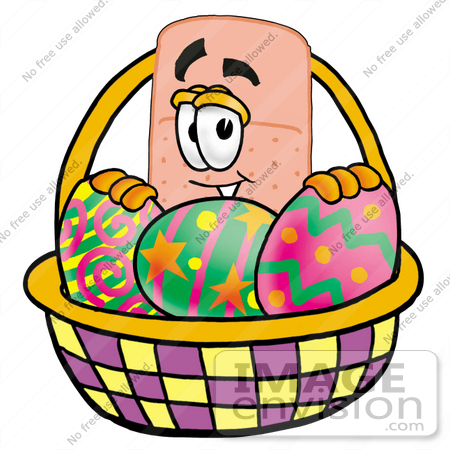 #22466 Clip art Graphic of a Bandaid Bandage Cartoon Character in an Easter Basket Full of Decorated Easter Eggs by toons4biz