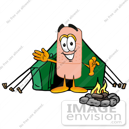 #22470 Clip art Graphic of a Bandaid Bandage Cartoon Character Camping With a Tent and Fire by toons4biz