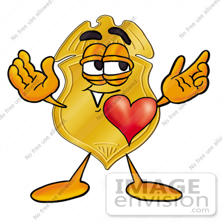 #22475 Clip art Graphic of a Gold Law Enforcement Police Badge Cartoon Character With His Heart Beating Out of His Chest by toons4biz