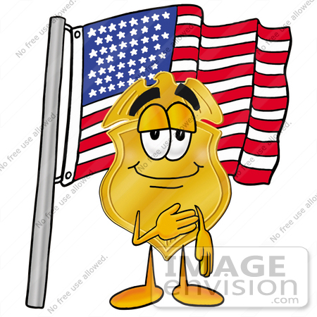 #22476 Clip art Graphic of a Gold Law Enforcement Police Badge Cartoon Character Pledging Allegiance to an American Flag by toons4biz