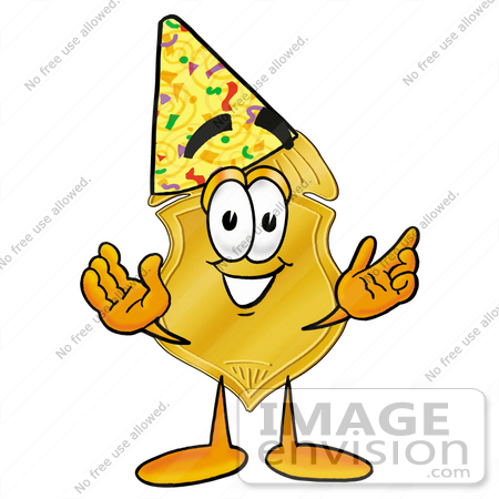 #22479 Clip art Graphic of a Gold Law Enforcement Police Badge Cartoon Character Wearing a Birthday Party Hat by toons4biz