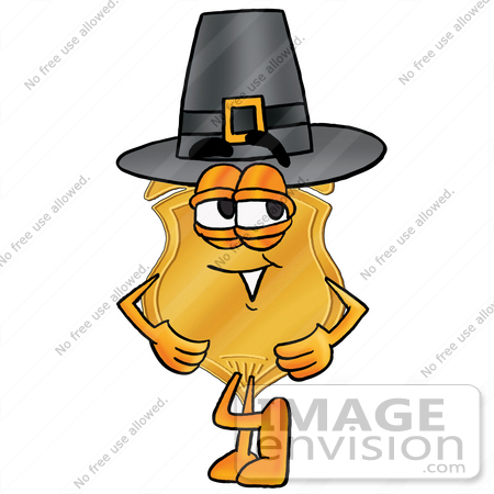 #22482 Clip art Graphic of a Gold Law Enforcement Police Badge Cartoon Character Wearing a Pilgrim Hat on Thanksgiving by toons4biz